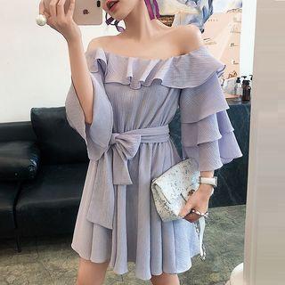 Ruffled Off-shoulder 3/4-sleeve A-line Dress