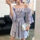 Ruffled Off-shoulder 3/4-sleeve A-line Dress