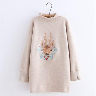 Mock Neck Deer Embroidered Long Sweater