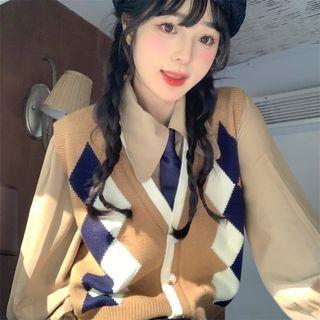 Puff-sleeve Plain Blouse / Argyle Knit Vest