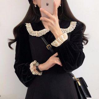 Long-sleeve Lace Trim Collar Velvet Blouse