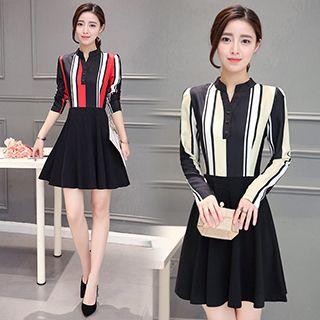 Split-neck Pinstripe Long-sleeve Dress