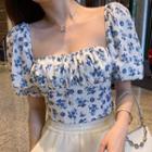Short-sleeve Flower Print Cropped Blouse Blue - One Size