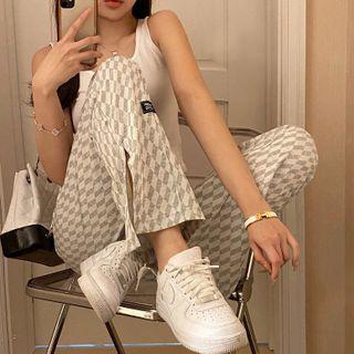 Checkered Slit Hem Straight Leg Pants