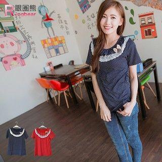 Lace Trim Short-sleeve Polka Dot Top