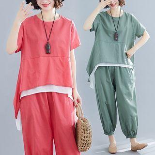 Set: Mock Two-piece T-shirt + Harem Pants