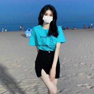Short-sleeve Bear Print T-shirt / Mini Pencil Skirt