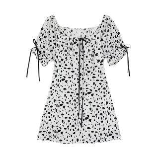 Puff-sleeve Square-neck Dalmatian Bow Dress