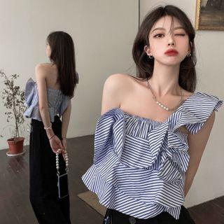 One Shoulder Ruffle Trim Striped Crop Top