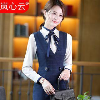 Check V-neck Pinafore Dress / Long-sleeve Shirt / Set