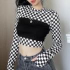 Mock Two-piece Long-sleeve Checkerboard Crop Top
