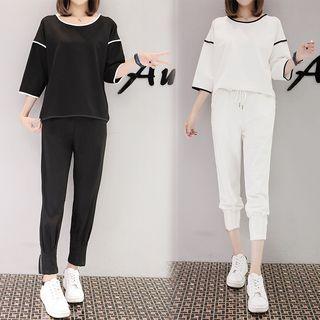 Set: Contrast Trim 3/4-sleeve T-shirt + Drawstring Pants