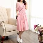 Short-sleeve Lace Panel Midi Dress