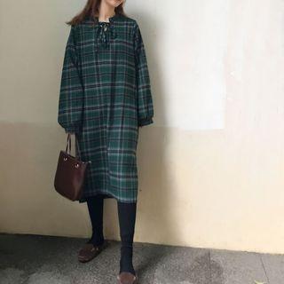 Plaid Long-sleeve Tie-neck Dress