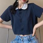 Contrast Trim Short-sleeve Shirt Navy Blue - One Size