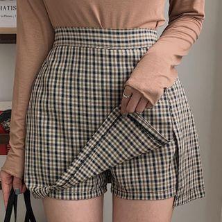 Inset Shorts Slit Checked Miniskirt
