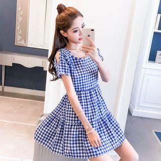 Cutout Shoulder Gingham Short-sleeve Dress