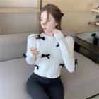 Long-sleeve Bow Cropped Knit Top White - One Size