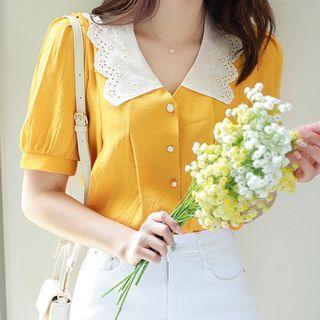 Crochet-collar Pleated Blouse