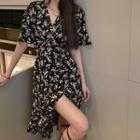Short-sleeve V-neck Floral Print A-line High-low Dress Black - One Size