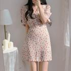 Floral Print Shirred-front Short-sleeve Mini A-line Dress