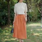 Short-sleeve Mock-neck Blouse / Midi A-line Skirt