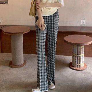Plaid Front-slit Straight Leg Pants Plaid - Black & White - One Size