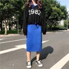 Set: Letter Printed Color-block Hoodie + Slit Midi Skirt