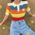 Striped Polo-neck Short-sleeve Knit Top As Shown In Figure - One Size
