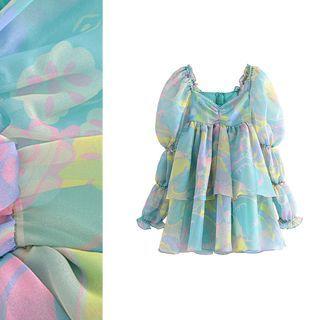 Puff Sleeve Tie-dye Tiered Mini Dress