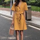 Short-sleeve Sashed Buttoned Dress As Shown In Figure - One Size
