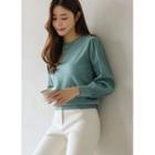 Pleated-sleeve Round-neck Knit Top