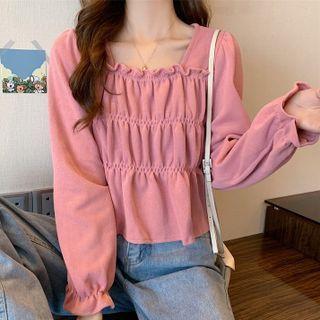 Puff-sleeve Square-neck Plain Ruched Shirt
