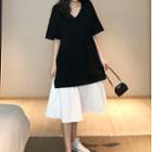 Short-sleeve Paneled Midi A-line Dress Black & White - One Size