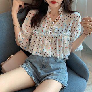 Bell-sleeve Polka Dot Ruffled Blouse