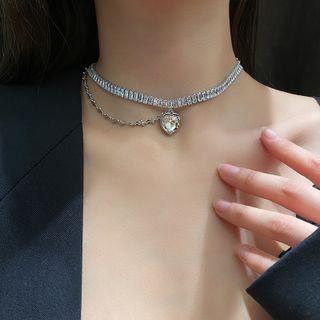 Heart Rhinestone Pendant Choker 1 Pc - Silver - One Size