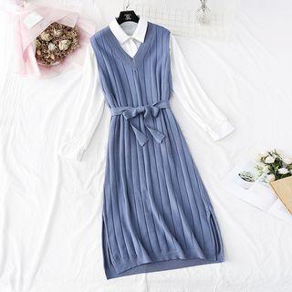 Set: Sleeveless Tie-waist Knit Dress + Plain Blouse