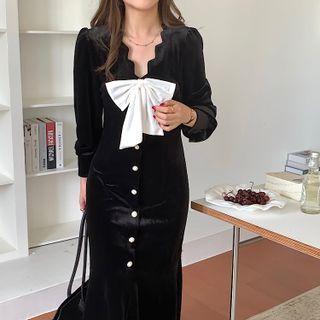 Puff-sleeve Single Breasted Velvet Dress