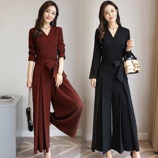 Long-sleeve V-neck Palazzo Jumpsuit