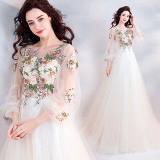 Puff-sleeve Flower Embroidered A-line Sheath Evening Gown