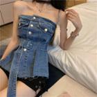 Button-down Denim Tube Top With Belt As Shown In Figure - One Size