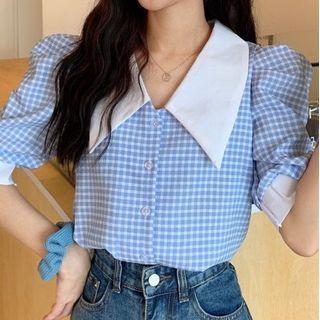 Puff-sleeve Peter Pan Collar Plaid Shirt