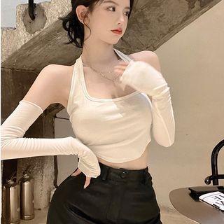 Set: Halter Cropped Tank Top + Arm Sleeves