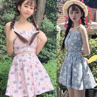 Set: Flower Print Camisole Top + High-waist A-line Skirt