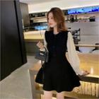 Contrast Balloon-sleeve Knit Mini Dress Black - One Size