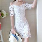 Perforated Off Shoulder Elbow Sleeve Shift Dress