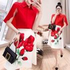 Set: Short-sleeve Buttoned Blouse + Floral Print A-line Skirt