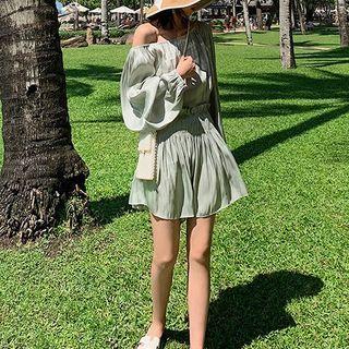 Set: Plain One-shoulder Blouse + Mini A-line Skirt