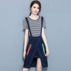 Set: Stripe Short-sleeve T-shirt + Suspender Mini Skirt