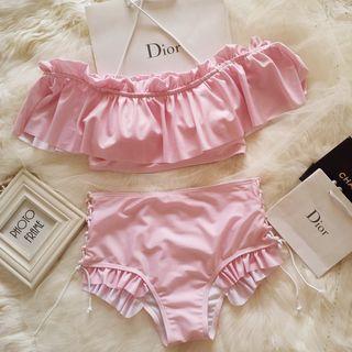 Plain Ruffle Trim Off Shoulder Bikini
